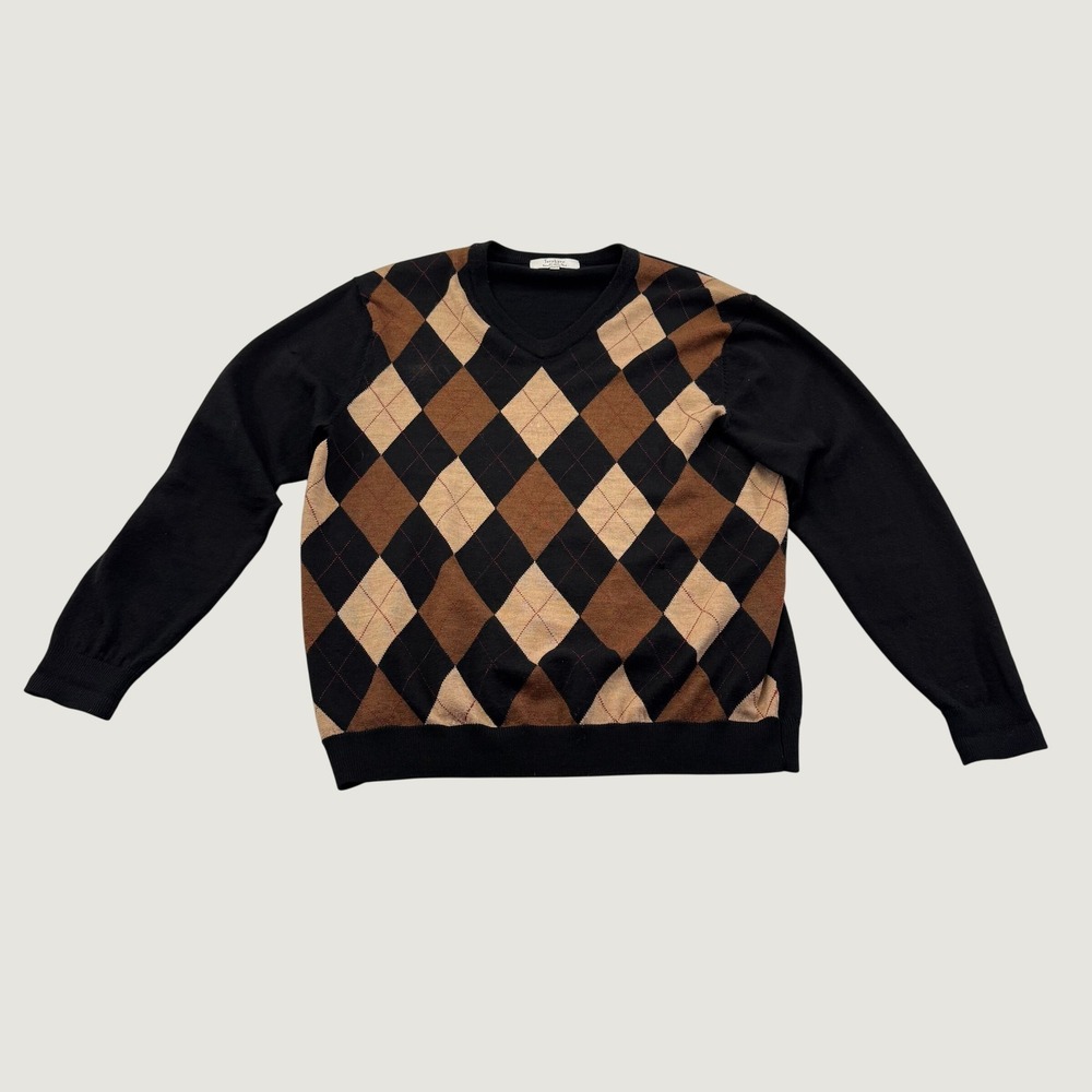 Turnbury Sweater Mens Large Black Brown Argyle Extra Fine Merino Wool V Neck